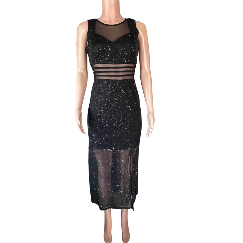 Alexa B Black Metallic Glitter Sheer Mesh Inset Bodycon Cocktail Midi Dress 6P